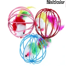 Brinquedo Interativo Para Gatos Gaiola Bola Arame Resinado Colorido Com Camundongo Rato Dentro Tamanho 6Cm Com Som