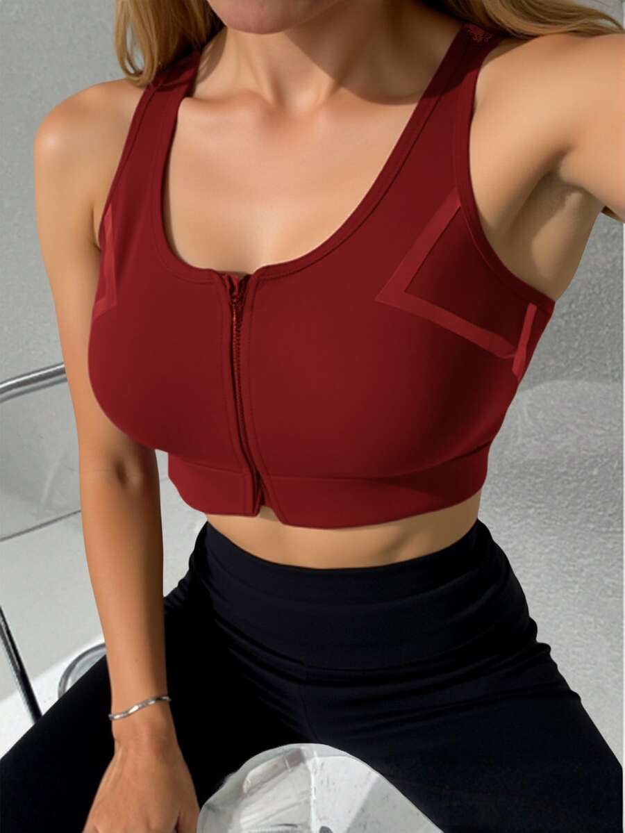 Top deportivo, tejido acanalado cómodo de alta densidad y alta elasticidad, estampado de triángulos - Burdeos - Ver 1