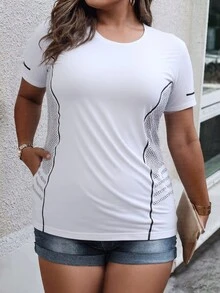 1 szt. Damska szybkoschnąca koszulka T-shirt, lodowy jedwab, okrągły dekolt, krótki rękaw, elastyczny, pochłaniający pot, odpowiedni do treningu fitness dla kobiet, biały, letni - Biały - Zobacz 3