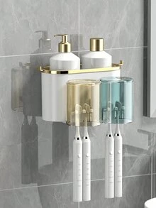 1 Set Toothbrush Holder With 2/3/4 Cups And 1 Toothpaste Dispenser, Creative Wall-Mounted Bathroom Storage Rack, Convenient For Brushing Teeth And Storage. Cup Colors (Gray, Blue, Purple, Pink, Yellow) Are Random And May Slightly Differ From Rendering, Which Is Normal. Home Bathroom Decor, Autumn Decor, Back To School Season - Multicolor - View 5