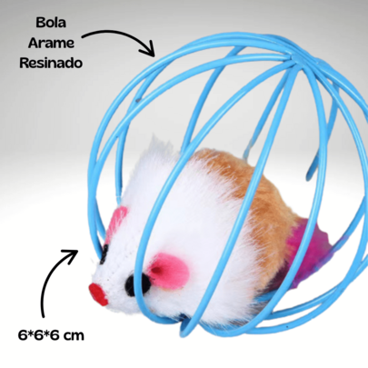 Brinquedo Interativo Para Gatos Gaiola Bola Arame Resinado Colorido Com Camundongo Rato Dentro Tamanho 6Cm Com Som