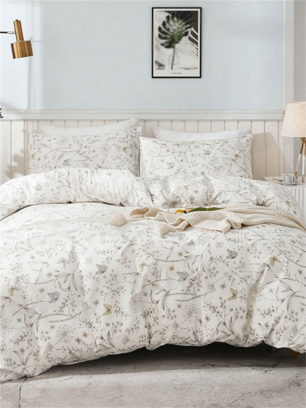 Conjunto de 3 peças de colcha e fronha de flanela com estampa floral e de folhas
