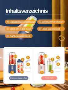LEVIATECH 1 Stück 400ml kabelloser tragbarer elektrischer Entsafter Mixer, USB aufladbarer Mini Frucht Saft Mixer mit 6 Klingen und doppelten Bechern, Multifunktions Entsafter Mixer, geeignet für Zuhause oder Outdoor Küche Lebensmittelverarbeitung, hervorragend zum Extrahieren von Gemüse, Obst und Smoothies zubereiten. - Verschiedenfarbig - Übersicht 6
