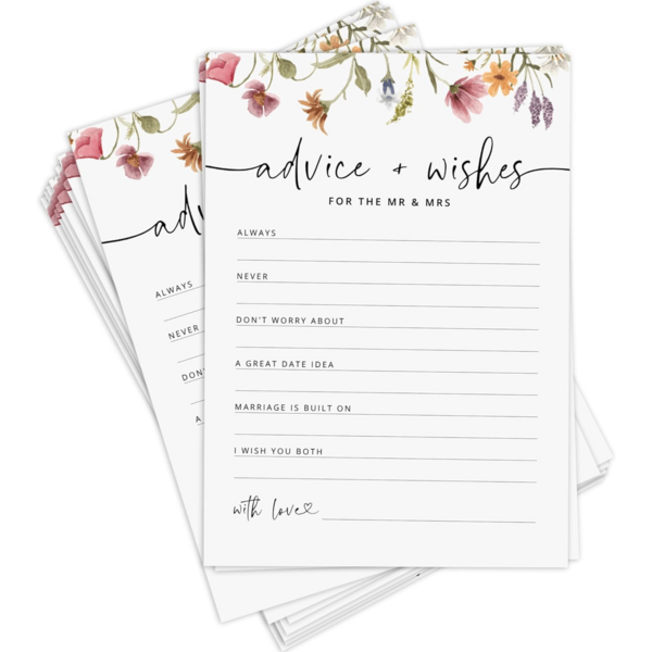 100Pcs/50Pcs Advice And Wishes For The Mr And Mrs, Floral Wedding Advice Cards, Wildflower Bridal Shower Games For Bride