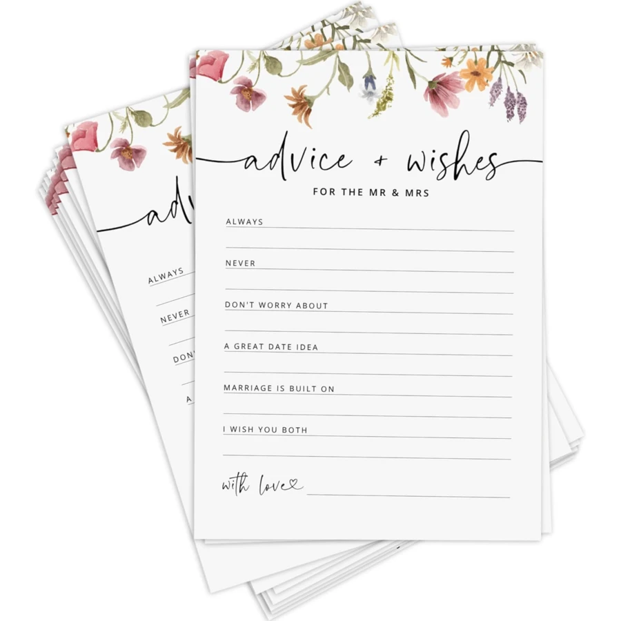 100 piezas/50 piezas Consejos y deseos para el Sr. y la Sra., tarjetas de consejos de boda con flores, juegos de despedida de soltera con flores silvestres para la novia - Multicolor - Ver 1