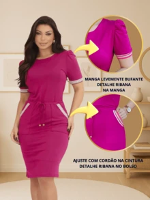Vestido Midi Tubinho Comfy Evangélico Casual Elegante Viscolycra Premium Forrado Com Bolso e Listra - Fúcsia - Visão 3