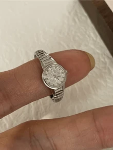 1 pieza Anillo de reloj decorativo de diseño único y de moda, regalo para niñas y mujeres, anillo de reloj decorativo no funcional - Plateado - Ver 2
