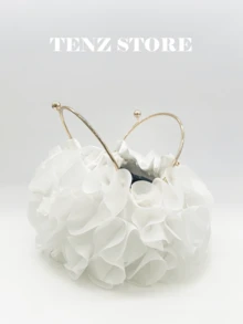 White Petal Handbag, Chiffon Ruffle Floral Decor, Gold Handle And Chain Strap, Fits ProMax Phone, Suitable For Bride, Wedding, Prom, Graduation, Cocktail Party, Formal Dinner, Spring Gala And Holiday Party - Bright - View 4