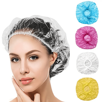 50pcs/100pcs Pack Disposable Shower Cap, Transparent Plastic Striped PE Waterproof Shower Cap, Extra Long & Thick, Suitable For Hotel, Salon, Home Use, Portable Travel
