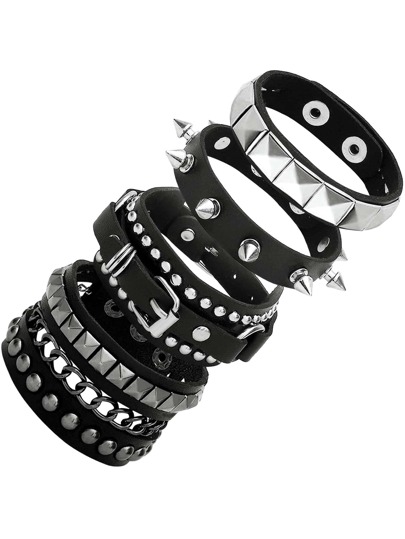 Yanxyad 1/4Pieces Punk Spiked Studded Bracelets Punk Leather Rivets Bracelet Cuff For Men, PU Leather Bracelet Black Cuff Bracelets Multi-Layer Braided Wristband Bracelets Gothic Punk Bracelet For Men Women