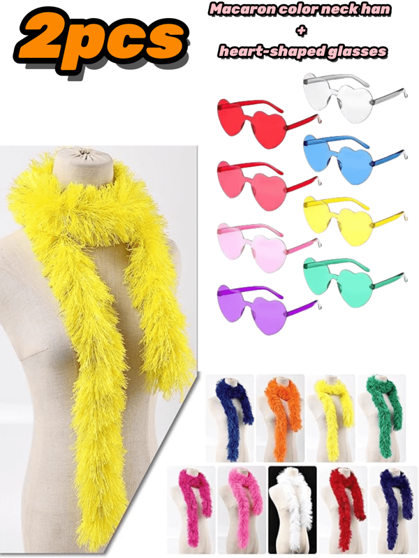 2 Karnevals-Federketten + Herz-förmige Unendlichkeits-Sonnenbrillen, Urlaubskostüme, Bühnenzubehör, Party-Anziehsachen, Federzubehör, geeignet für Hochzeitspartys, Urlaubsfeiern, Strandurlaube, Verkleidungen und Dekorationszubehör (Pink, Weiß, Lila)