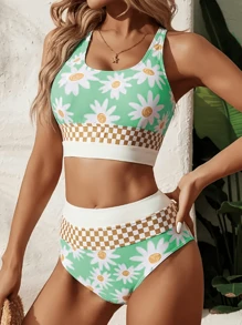 2pcs Casual Sunflower & Daisy Floral Pattern Swimwear, Summer Beach Vacation