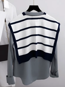 1 件女士新款针织条纹披肩，轻薄夏季办公室空调房保暖围脖斗篷，可搭配连衣裙穿着 - 黑與白 - 查看 3