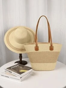 1 Set Of Vacation Casual Contrast Striped Straw Hat And 1 Straw Woven Bag - Beige - View 1