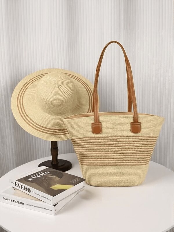 1 Set Of Vacation Casual Contrast Striped Straw Hat And 1 Straw Woven Bag