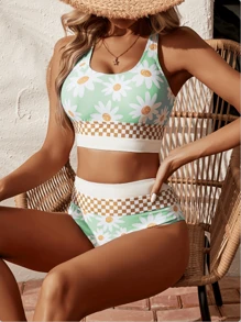 2pcs Casual Sunflower & Daisy Floral Pattern Swimwear, Summer Beach Vacation