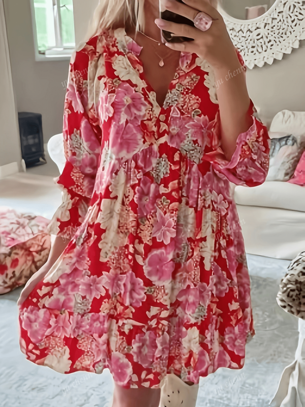 Plus Size Elegant Red Floral Print High Waist V-Neck Mini Dress