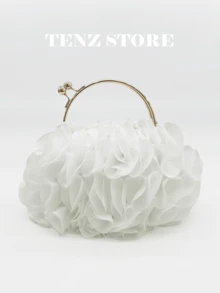White Petal Handbag, Chiffon Ruffle Floral Decor, Gold Handle And Chain Strap, Fits ProMax Phone, Suitable For Bride, Wedding, Prom, Graduation, Cocktail Party, Formal Dinner, Spring Gala And Holiday Party - Bright - View 2