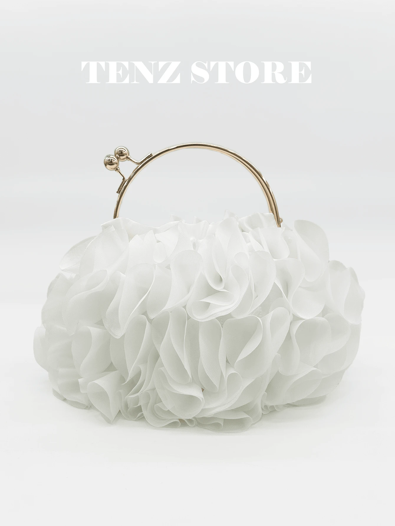 White Petal Handbag, Chiffon Ruffle Floral Decor, Gold Handle And Chain Strap, Fits ProMax Phone, Suitable For Bride, Wedding, Prom, Graduation, Cocktail Party, Formal Dinner, Spring Gala And Holiday Party