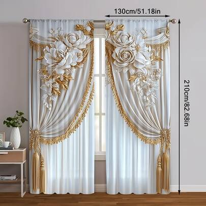 2 piezas de cortinas doradas con impresión, sin flecos, 100% poliéster, aptas para la sala de estar, la sala de juegos y el dormitorio - Decoración del hogar y artículos para fiestas de uso múltiple (varillas no incluidas)