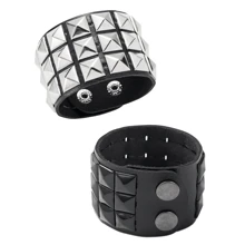 Yanxyad 1/2Pcs Studded Bracelet PU Leather Punk Bracelet For Men Women, 80s Wristband Goth Punk Rock Bracelet, Black/Silvery Punk Rock Style Three Rows Square Studs Faux Leather Bracelet Cuff Bangle Unisex Bracelets For Party Favors Bracelet & Gift