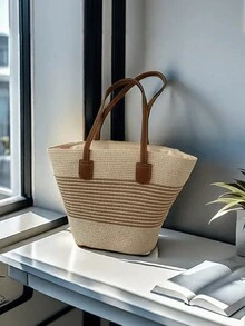 1 Set Of Vacation Casual Contrast Striped Straw Hat And 1 Straw Woven Bag - Beige - View 3
