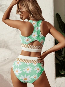 2pcs Casual Sunflower & Daisy Floral Pattern Swimwear, Summer Beach Vacation