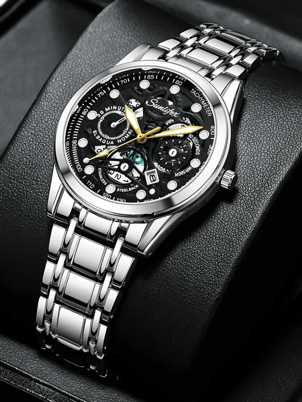 1 pezzo Orologio con scheletro, elegante e di lusso per uso casual e aziendale, rotondo, dorato, con funzione calendario, in acciaio inossidabile, che si illumina al buio, orologio da uomo, regalo per papà
