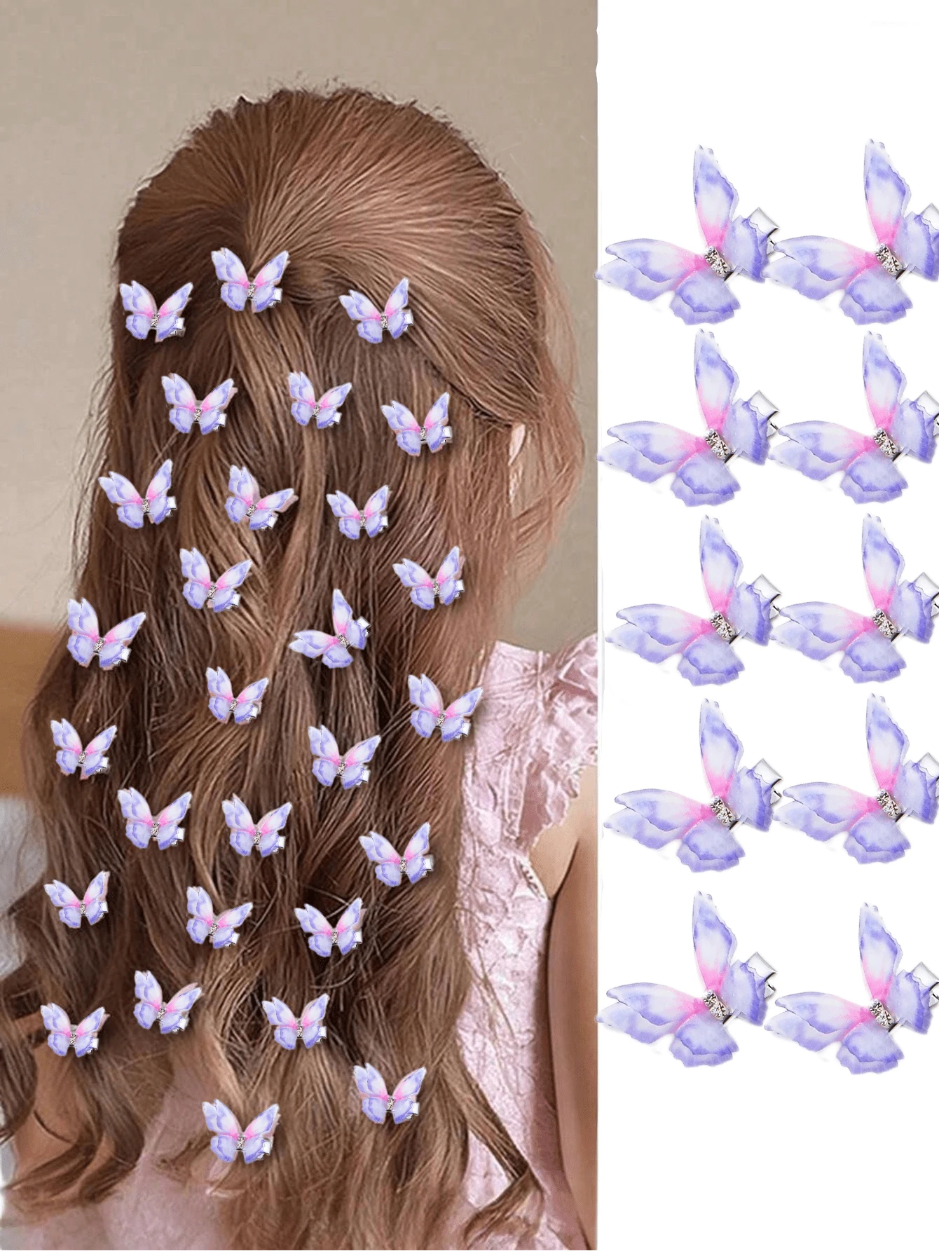 10个/套 女孩粉色双层水钻薄纱蝴蝶小发夹 可爱公主风发饰，扁平爪夹，发夹，发卡，发爪，派对，情人节配饰，头部配饰，发卡 - 紫色 - 查看 1