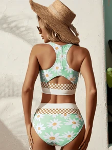 2pcs Casual Sunflower & Daisy Floral Pattern Swimwear, Summer Beach Vacation