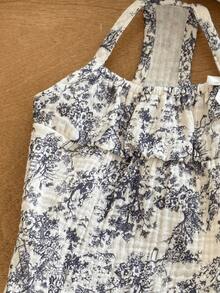 带蝴蝶结和蓝色花朵的纱布透气吊带睡衣，适合小型犬和猫的宠物衣服，春夏家居服 - 黑色 - 查看 5