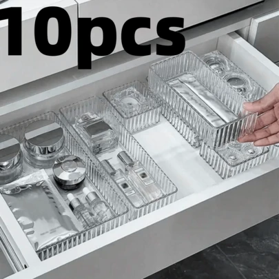 HOUSHELIF 5pcs/7pcs/10pcs Set Drawer Cosmetic Organizer, Perfume Storage Container, Vanity Skin Care Product Storage Box, Clear Multi-Size Combination Lotion And Sample Storage Box, Ideal For Storing Cosmetics, Bathroom Cabinet Storage, Office Supplies Arrangement, Kitchen Tool Organizer Shelf