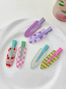 6个女士夏季多巴胺色水果发夹，颜色随机，无痕，可用于夹刘海、鬓角，为您的造型增添个性化元素，适合日常使用、化妆、摄影和通勤，设计时尚、优雅、简约。纯色发夹，塑料材质。无论是休闲日、派对、通勤、度假、夏季造型，还是其他场合，这款发夹都是您的理想之选。它适用于各种发饰、美发工具、卷发配饰、秋季、女士配饰、美发用品等。 - 彩色 - 查看 12