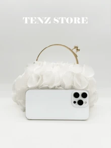 White Petal Handbag, Chiffon Ruffle Floral Decor, Gold Handle And Chain Strap, Fits ProMax Phone, Suitable For Bride, Wedding, Prom, Graduation, Cocktail Party, Formal Dinner, Spring Gala And Holiday Party - Bright - View 5