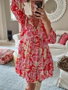 Plus Size Elegant Red Floral Print High Waist V-Neck Mini Dress