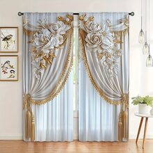 2 piezas de cortinas doradas con impresión, sin flecos, 100% poliéster, aptas para la sala de estar, la sala de juegos y el dormitorio - Decoración del hogar y artículos para fiestas de uso múltiple (varillas no incluidas)