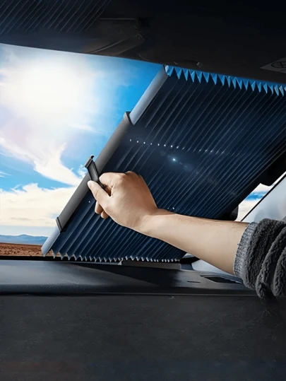 1pc Retractable Car Sun Shade - UV Protection, Heat Insulation, Easy To Stick And Install, Aluminum Material, Ideal For Front Windshield, Foldable Car Sun Visor, Heat And UV Resistant, Anti-Scratch, Blackout Window Film Car Windshield Sunshade Roller