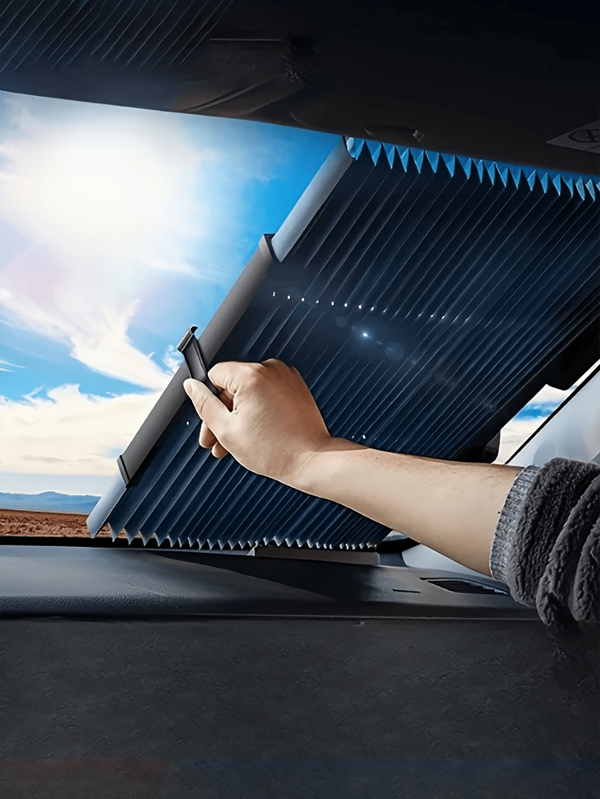 1pc Retractable Car Sunshade - UV Protection, Heat Insulation, Easy To Paste And Install, Aluminum Material, Ideal For Front Windshield, Foldable Car Sunscreen, Heat & UV Resistant, Anti-Scratch, Retractable Car Windshield Sunshade Curtain