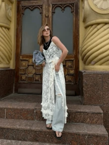 Women's See-Through Mesh Lace Dress V-Neck Spaghetti Straps Sleeveless Side-Slit Ruffles Hem Long Dress For Streetwear - trắng - Xem 2