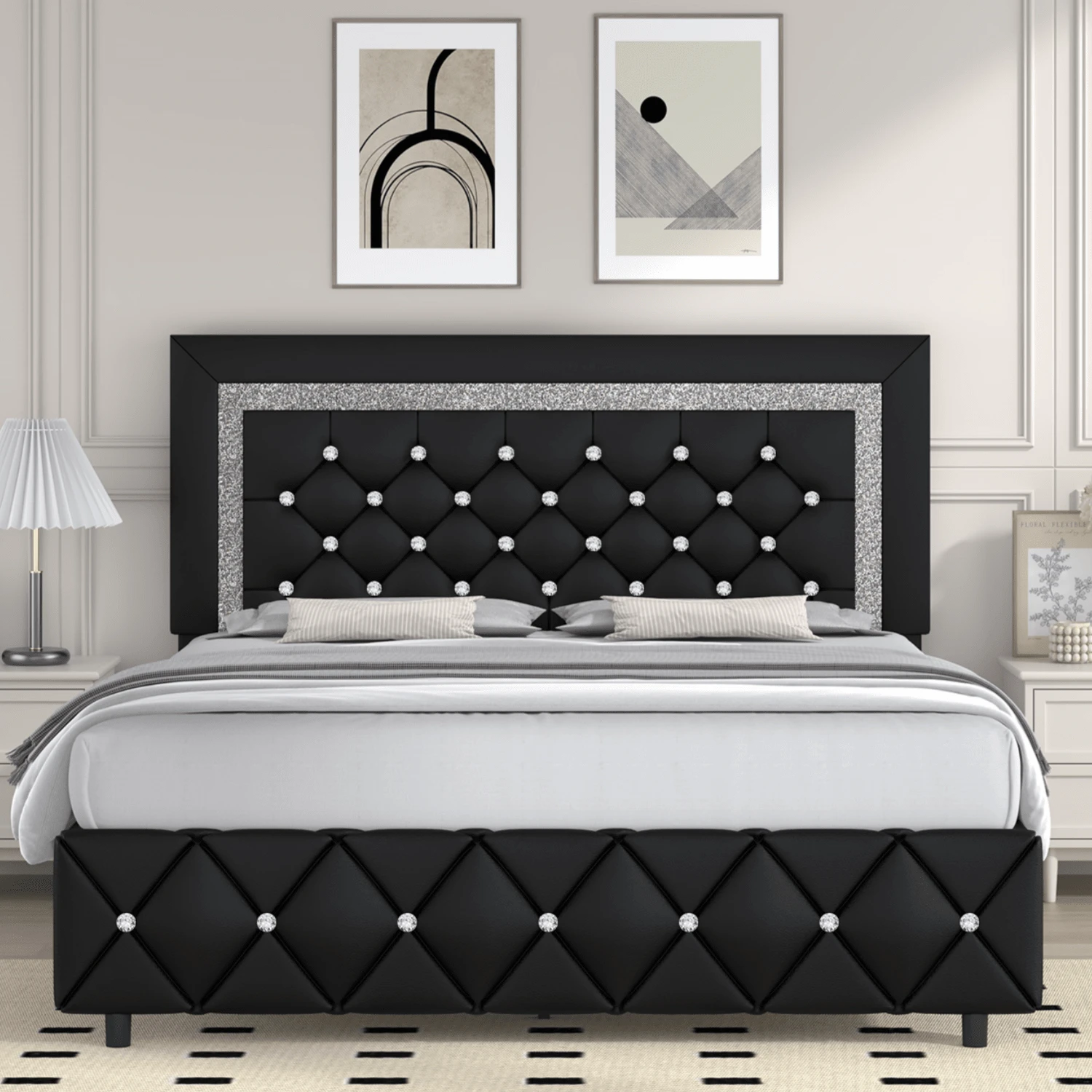 Twin/ Full/ Queen/ King Size Bed Frame, Upholstered Bed Frame With Diamond Headboard And Footboard, Pearl White/ Beige/ Black/ Grey/ Pink/ Purple/ Green - màu đen - Xem 1