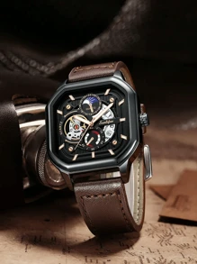 1pc Square, Hollowed-Out, Casual, Sporty, High-Quality, Leather Strap, Black, Glow In The Dark, Calendar Function, Cheap Men's Watch, Gift For Men.