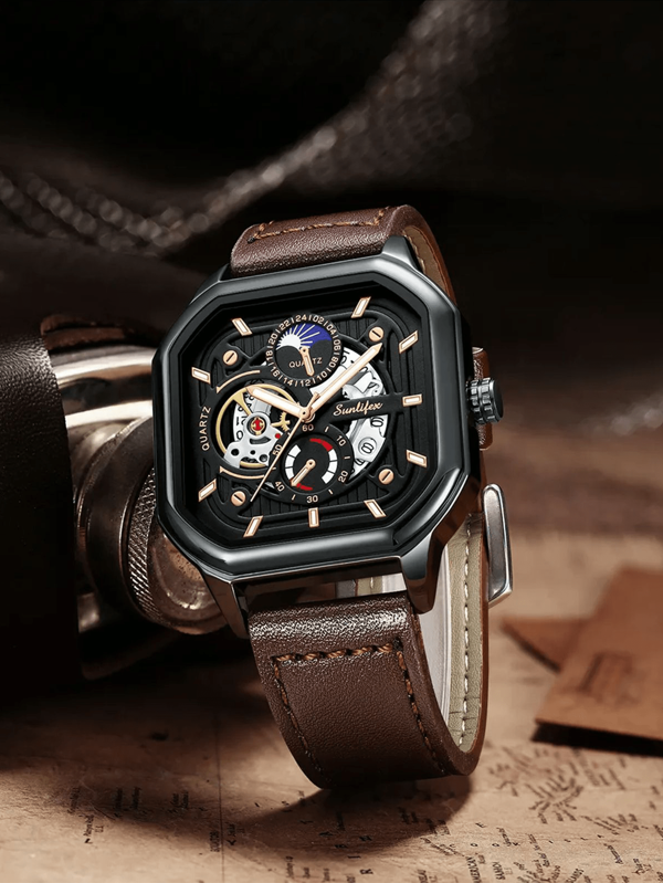 1pc Square, Hollowed-Out, Casual, Sporty, High-Quality, Leather Strap, Black, Glow In The Dark, Calendar Function, Cheap Men's Watch, Gift For Men.