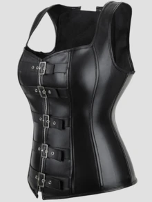 Dark Punk Style Corset Camisole With Multi-Button Front Zipper + Back Lace-Up Design, Suitable For Daily / Party / Halloween Outfits - Black - View 4
