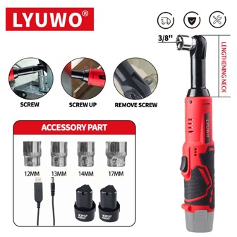LYUWO elektrisch gereedschap, verlengde ratelsleutel, lange hals 6 centimeter verlengd, 90 graden haakse hoek, 3/8 inch specificatie, geschikt voor gebruik in krappe ruimtes, led-verlichting, rechtsom en linksom draaiend, geleverd met 7 hulzen, 2,0 Ah lithiumbatterij met grote capaciteit, kan handmatig worden bediend, zelfs zonder batterij, flexibel gebruik. Essentiële gereedschappen voor onderhoud aan huis en auto.