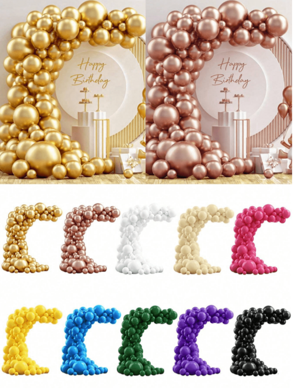 92 Palloncini in lattice di colore solido - oro metallizzato, oro rosa, blu reale, nero, bianco, rosso rosa, giallo, viola, verde - e 6 accessori per palloncini, perfetti per decorare compleanni, matrimoni, addii al nubilato, feste, anniversari, celebrazioni, sfondi fotografici, ghirlande di palloncini e archi decorativi.