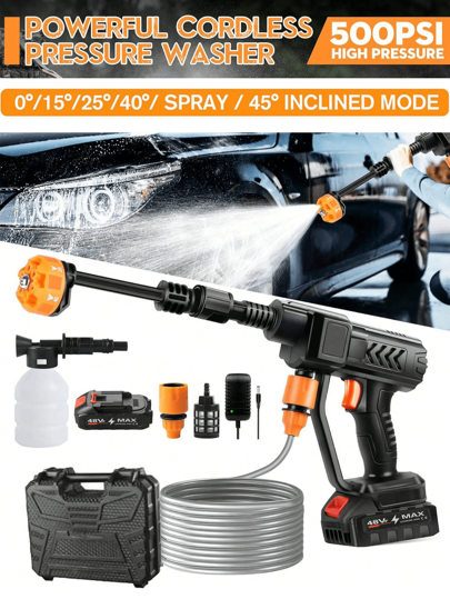 Lavadora de alta pressão sem fio, lavadora portátil de alta pressão, pistola de lavagem de carro de alta pressão com pulverizador de espuma, com bateria recarregável de 6,0 Ah, mangueira de 5 metros, pressão de 1,2 MPa, para limpeza e irrigação de carros, pisos e jardins