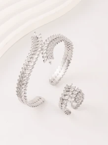 1 Set Of 2pcs European & American Fashion White Zirconia Bracelet Ring Set, Adjustable Design With Micro Inlaid Wheat Ear, Suitable For Women Daily Wear And Gifts