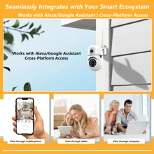 Caméra WiFi à double objectif 2MP + 2MP, intérieure et extérieure sans angles morts, écran divisé en deux, audio bidirectionnel, alarme sonore et lumineuse, partage multi-utilisateur, 3 modes de vision nocturne