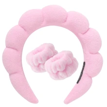 1 Face Washing Headband/2 Face Washing Wrist Straps/3 Set Of Hydrotherapy Headbands, Makeup Headbands, Face Washing Headbands, Skincare Headbands, Pink Velvet Fluffy Sponge Headbands, Bows, Bubbles, Hydrotherapy Headbands, Wristbands, Set Of Women's And Girls' Hair Accessories