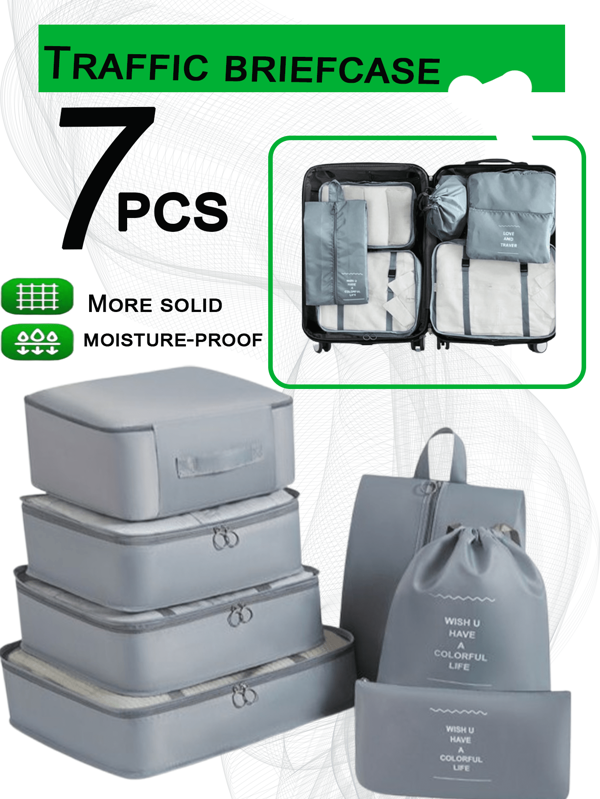 Set de 7 piezas Bolsa organizadora de viaje, Bolsa multifuncional de maquillaje, Organizador de equipaje, Bolsa de almacenamiento plegable, Caja de almacenamiento de cosméticos. Incluye: Bolsa de aseo impermeable, Cubos de embalaje de compresión, Bolsas organizadoras y de almacenamiento, Bolsa de maquillaje, Organizador multiusos, Bolsa para zapatos, Accesorios de embalaje de equipaje